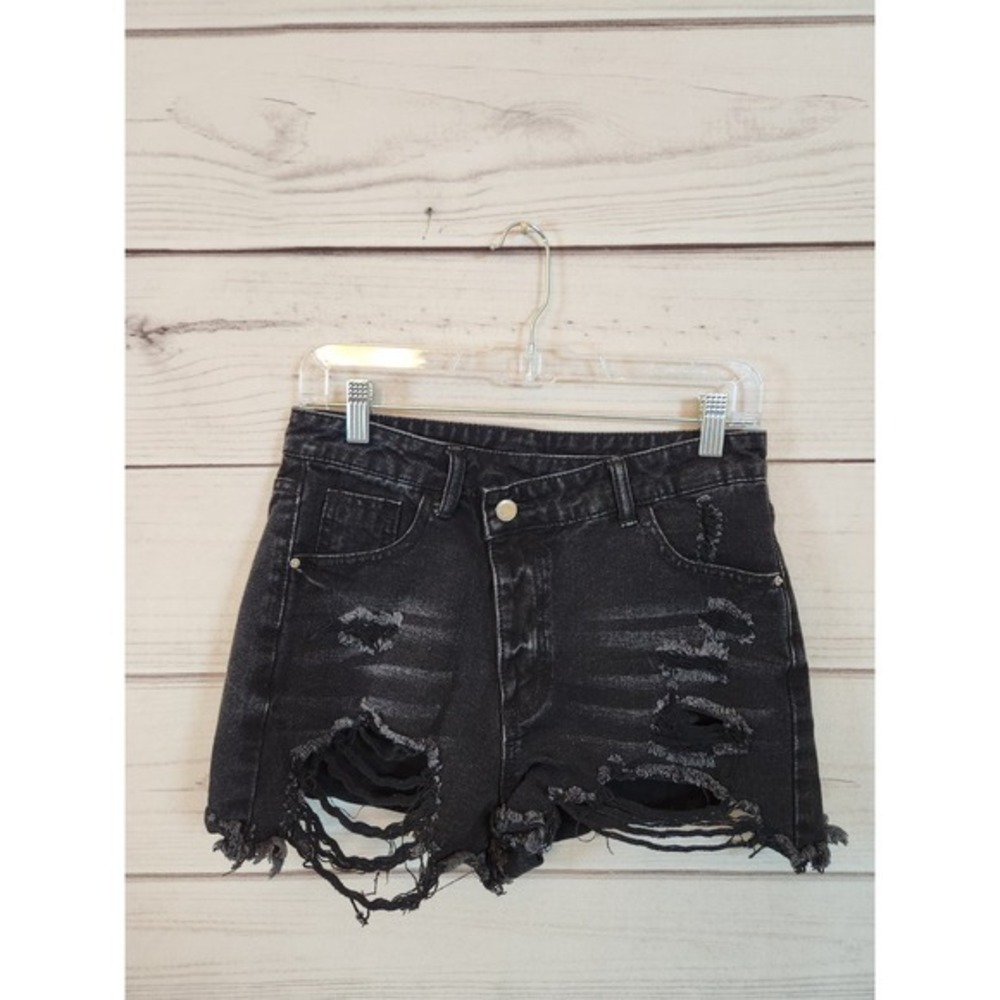 Shein Women's Black Solid High Rise Cotton Distressed Cut Off Jeans Short Size 6